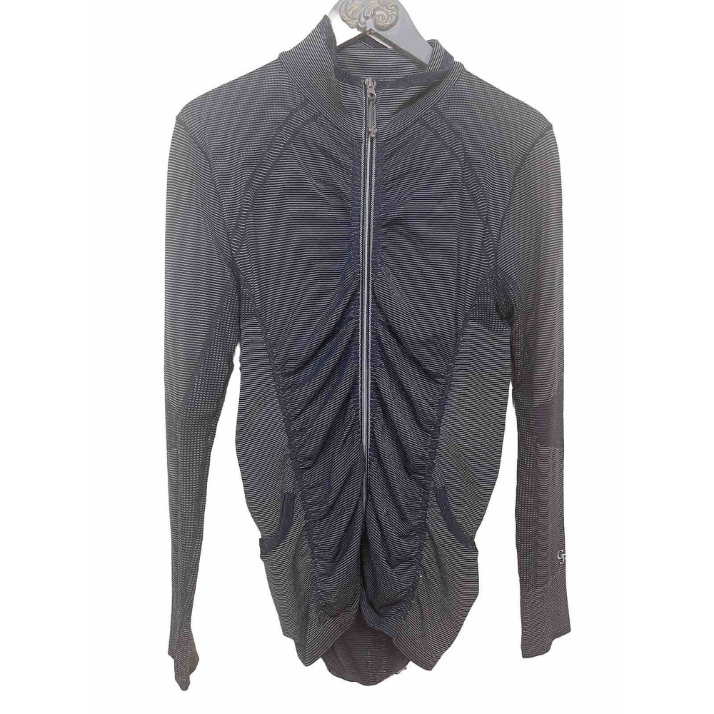Goode Rider Womens Large Navy Blue Striped Ruched Mock Neck Jacket Zip Up